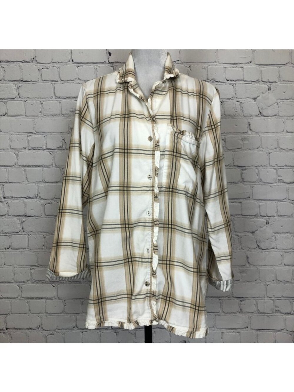 Soft Surroundings Night Divine Pajama Top Size M Ruffle White Beige Plaid